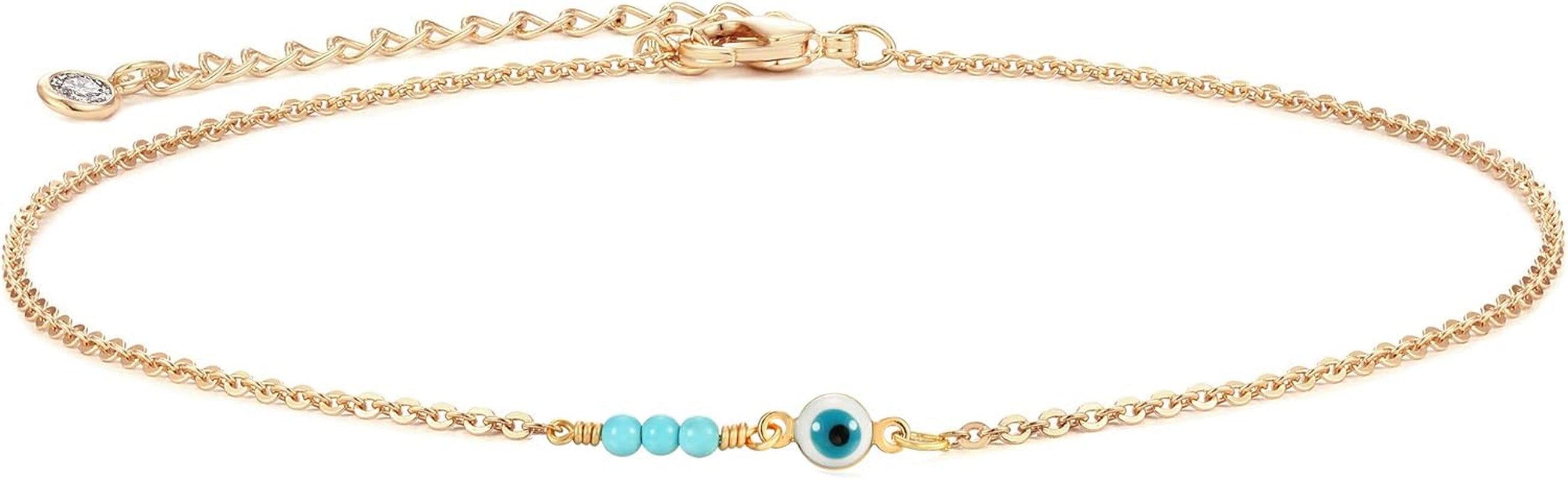 Dainty Evil Eye Protection Necklace,14K Gold Plated Cute Delicate Handmade Tiny Bead Necklace for Women