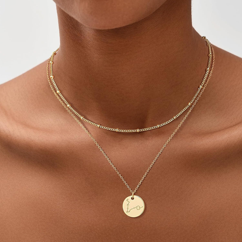 Gold Necklace Coin Disc Zodiac 12 Constellation Star Connected Engraved Horoscope Sign Astrology Pendant 18K Gold Plated Chain Dainty Personalized Simple Jewelry