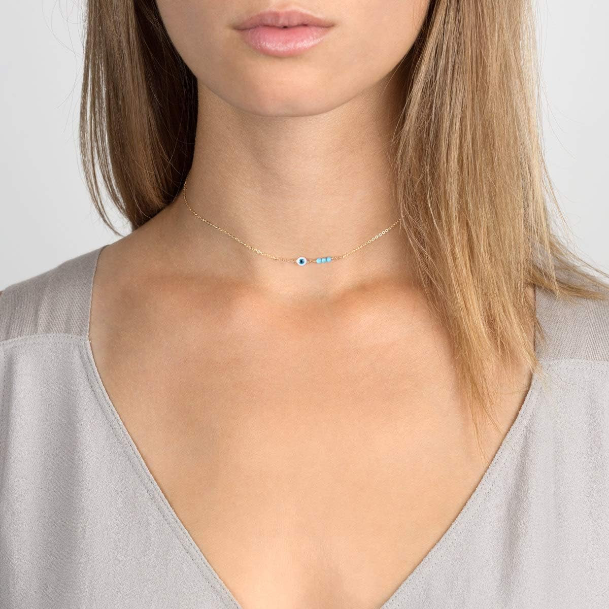 Dainty Evil Eye Protection Necklace,14K Gold Plated Cute Delicate Handmade Tiny Bead Necklace for Women