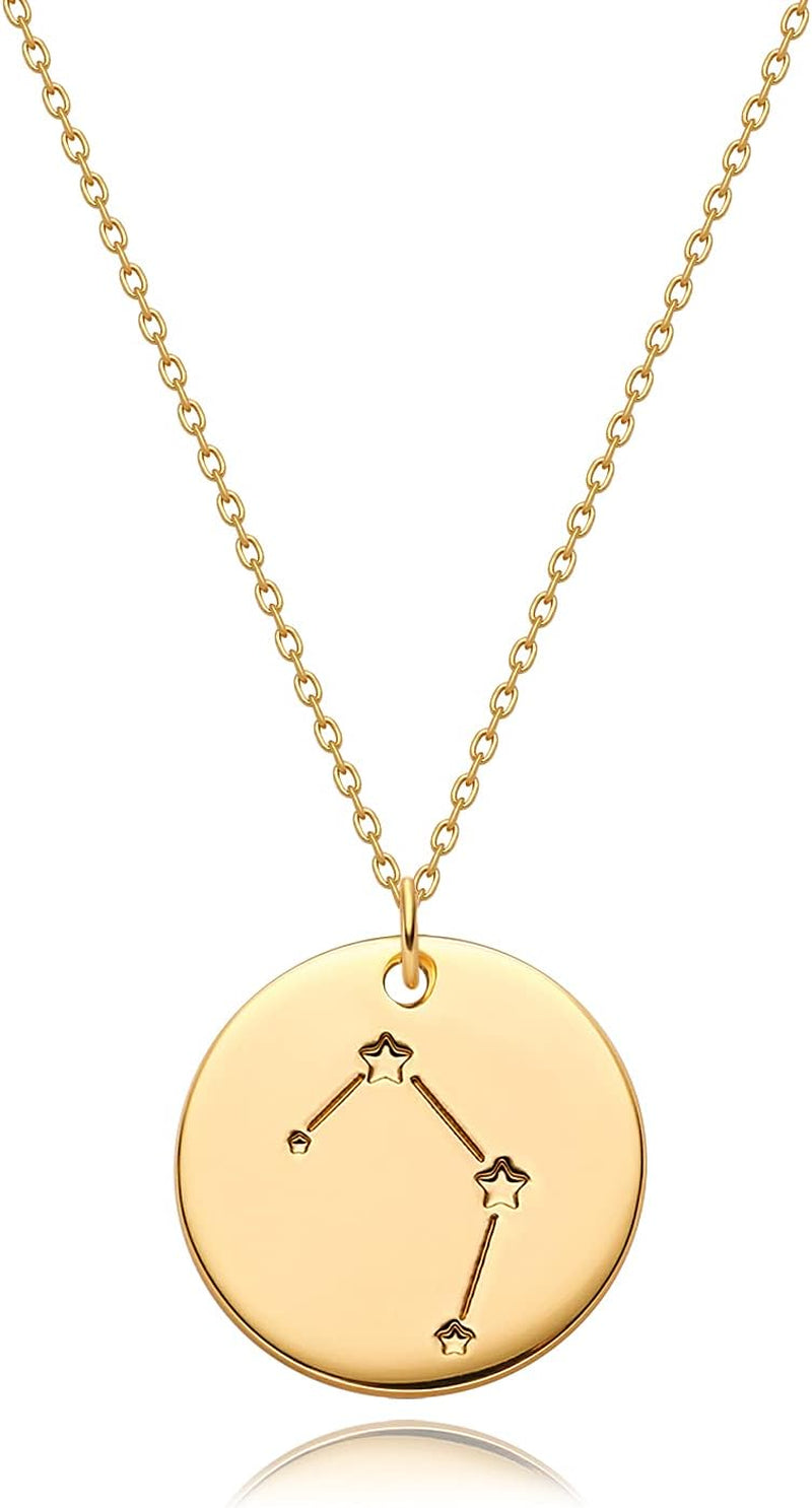 Gold Necklace Coin Disc Zodiac 12 Constellation Star Connected Engraved Horoscope Sign Astrology Pendant 18K Gold Plated Chain Dainty Personalized Simple Jewelry