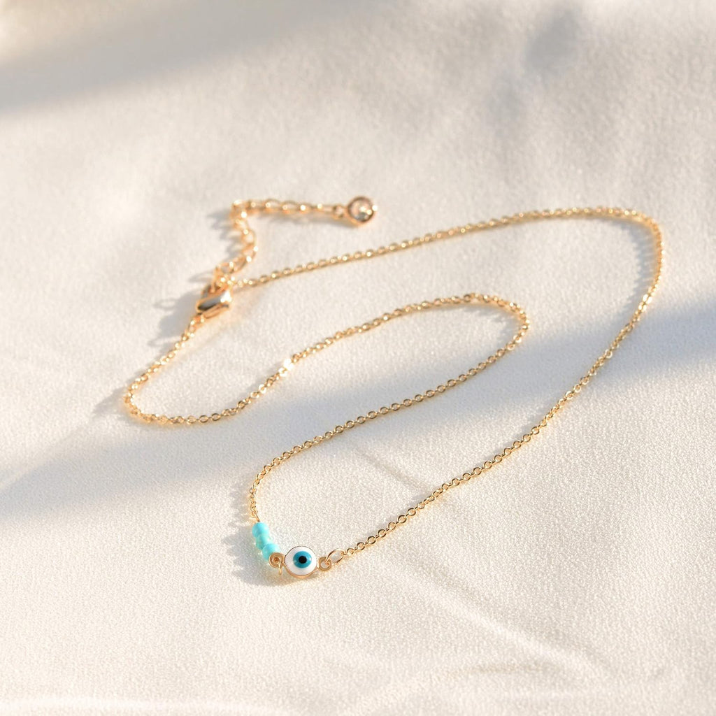 Dainty Evil Eye Protection Necklace,14K Gold Plated Cute Delicate Handmade Tiny Bead Necklace for Women
