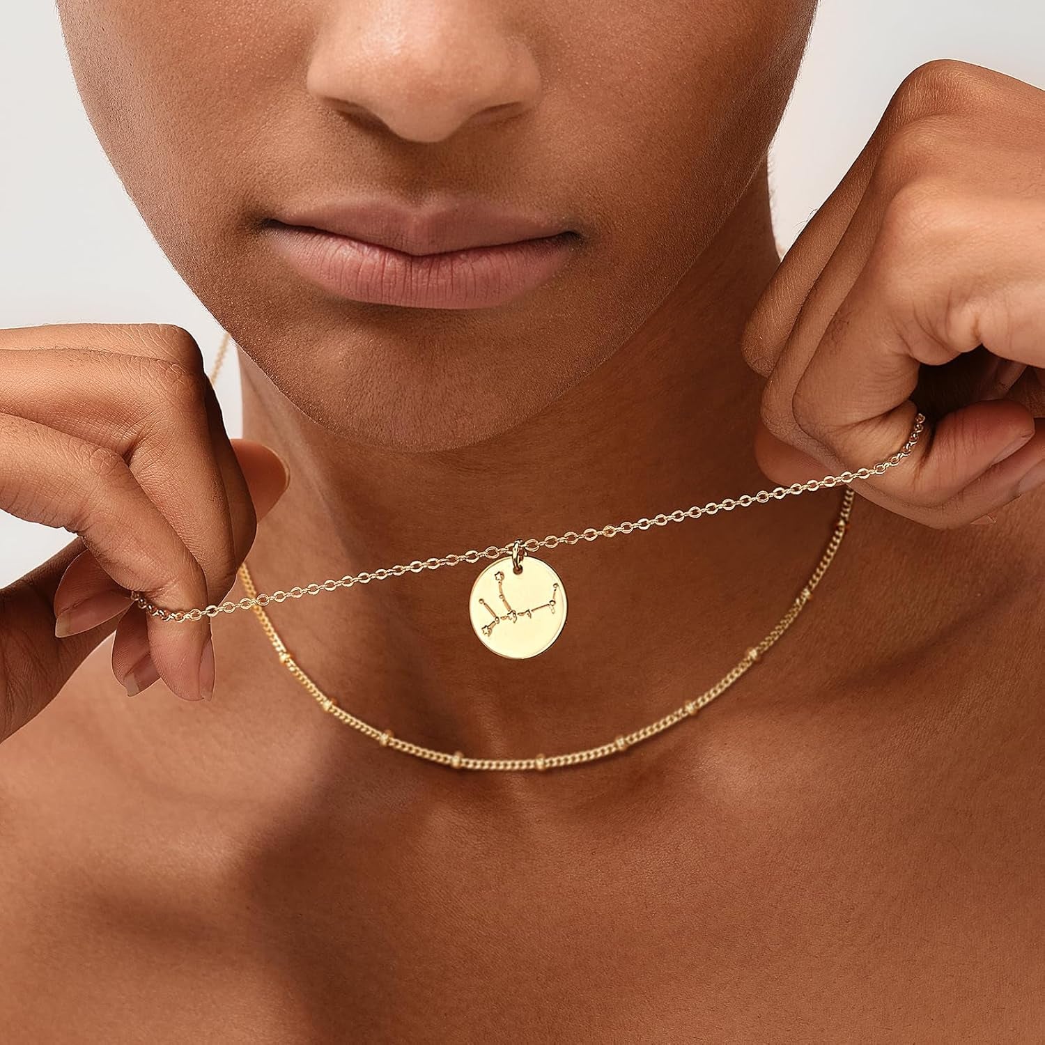 Gold Necklace Coin Disc Zodiac 12 Constellation Star Connected Engraved Horoscope Sign Astrology Pendant 18K Gold Plated Chain Dainty Personalized Simple Jewelry