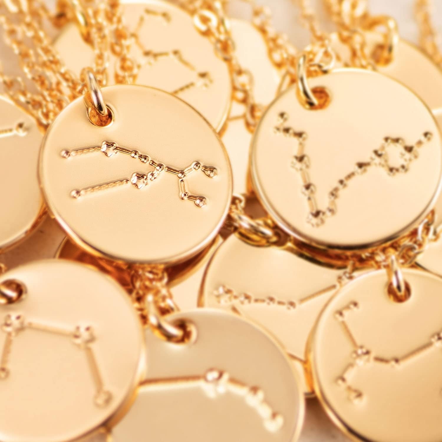 Gold Necklace Coin Disc Zodiac 12 Constellation Star Connected Engraved Horoscope Sign Astrology Pendant 18K Gold Plated Chain Dainty Personalized Simple Jewelry