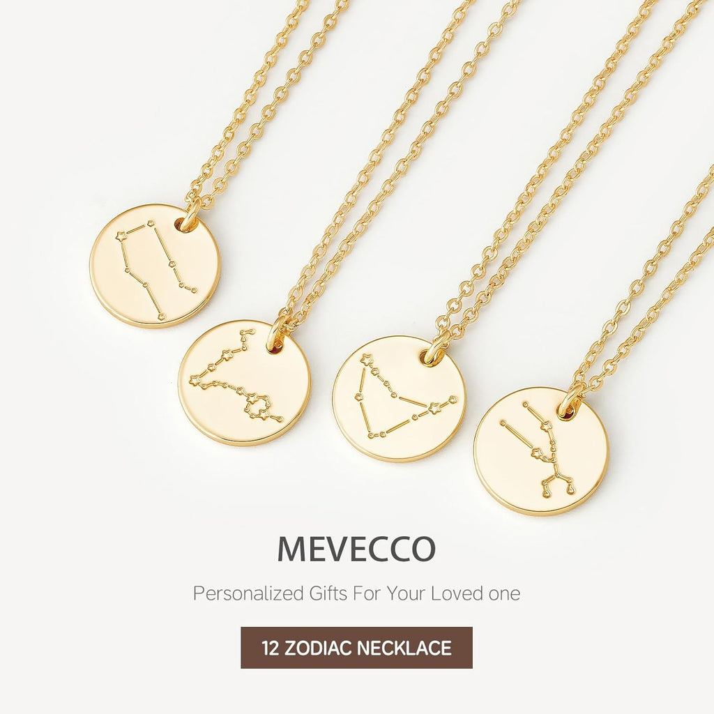 Gold Necklace Coin Disc Zodiac 12 Constellation Star Connected Engraved Horoscope Sign Astrology Pendant 18K Gold Plated Chain Dainty Personalized Simple Jewelry