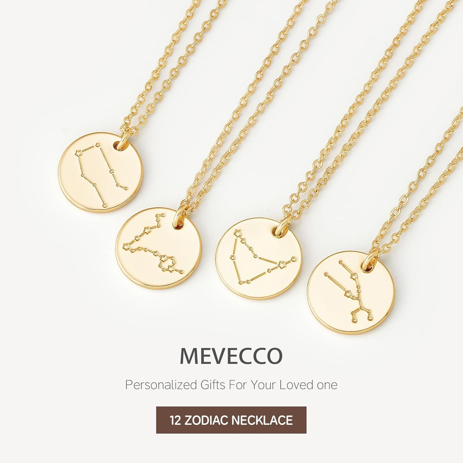 Gold Necklace Coin Disc Zodiac 12 Constellation Star Connected Engraved Horoscope Sign Astrology Pendant 18K Gold Plated Chain Dainty Personalized Simple Jewelry