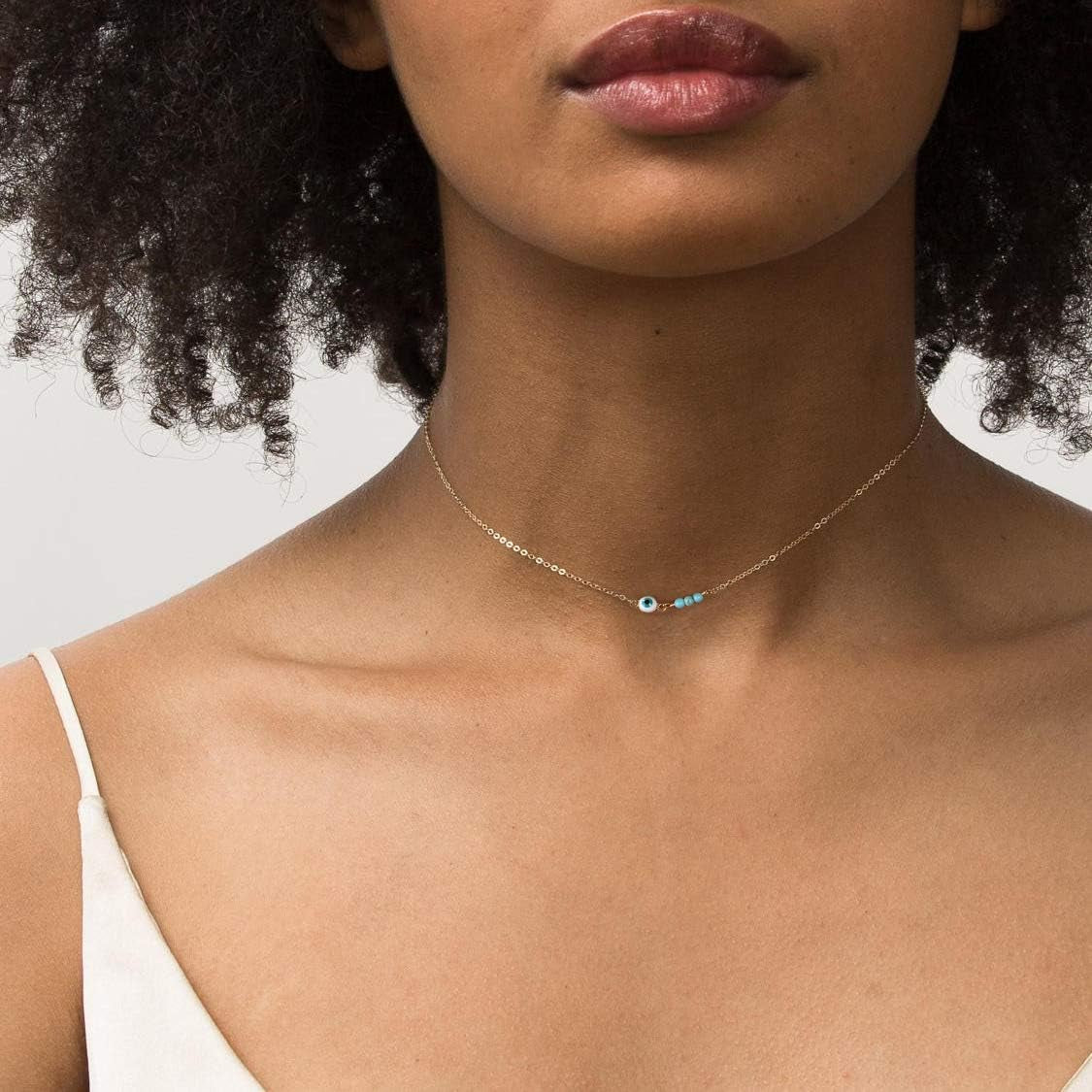 Dainty Evil Eye Protection Necklace,14K Gold Plated Cute Delicate Handmade Tiny Bead Necklace for Women