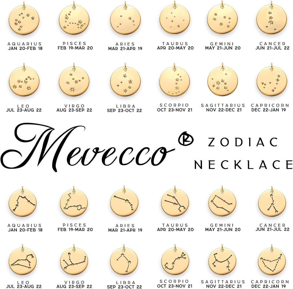 Gold Necklace Coin Disc Zodiac 12 Constellation Star Connected Engraved Horoscope Sign Astrology Pendant 18K Gold Plated Chain Dainty Personalized Simple Jewelry