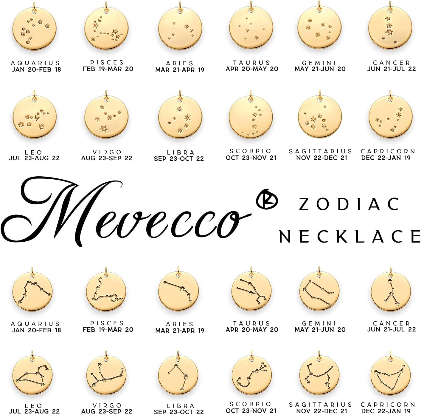 Gold Necklace Coin Disc Zodiac 12 Constellation Star Connected Engraved Horoscope Sign Astrology Pendant 18K Gold Plated Chain Dainty Personalized Simple Jewelry